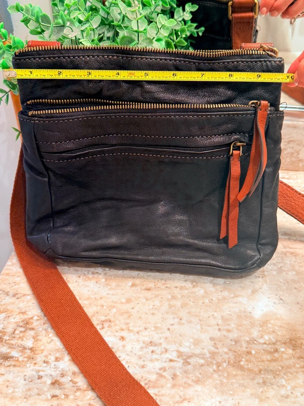 Fossil Black Leather Crossbody Bag with brown Strap